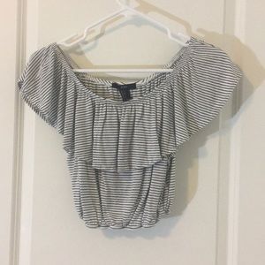 Black and white stripe off the shoulder crop top